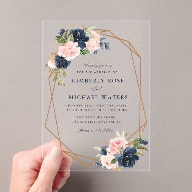 Navy & blush watercolor floral geometric wedding acrylic invitations (Insitu (Handheld))