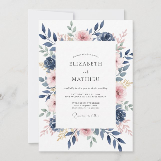 Navy Blush Watercolor Floral Wedding Invitation (Front)