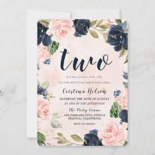 Navy Blush Watercolor Flowers 2nd Birthday Party Invitation