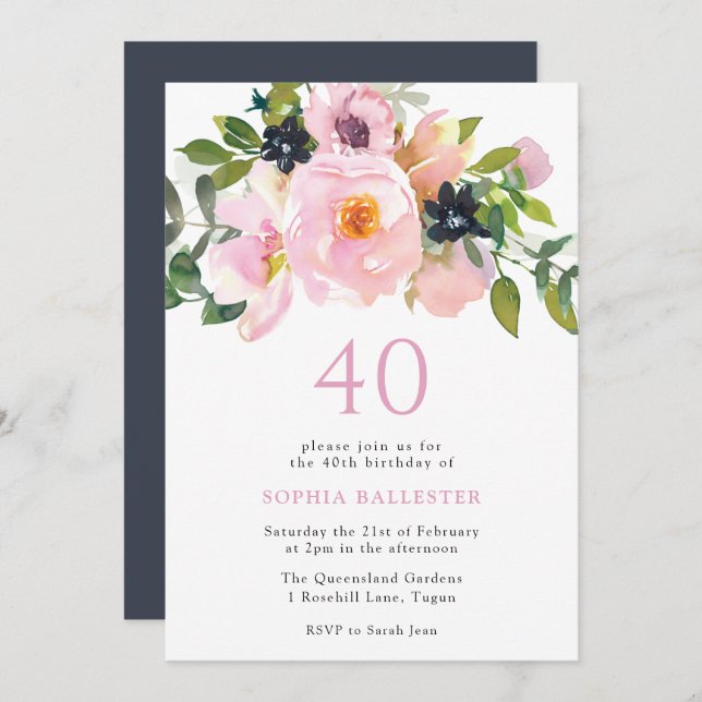 Navy Blush Watercolor Flowers 40th Birthday Party Invitation (Front/Back)
