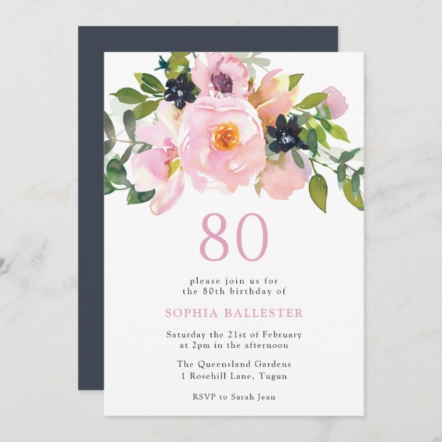 Navy Blush Watercolor Flowers 80th Birthday Party Invitation (Front/Back)