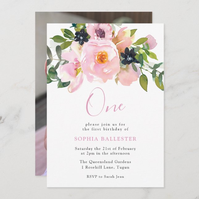 Navy & Blush Watercolor Flowers one 1st Birthday Invitation (Front/Back)