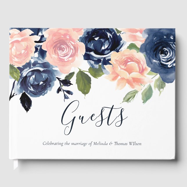 Navy & Blush Watercolor Wedding Engagement Party Guest Book (Front)
