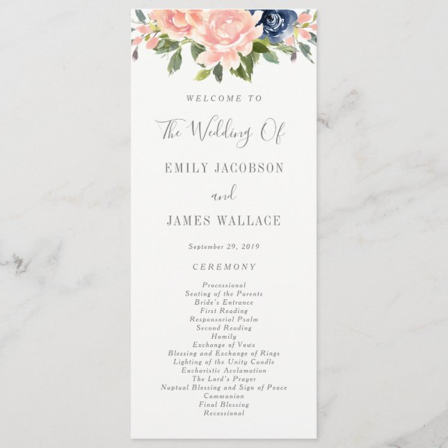 Navy Blush Wedding Ceremony Program #NBC Programme (Front)