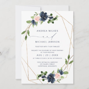 Navy & Blush Wedding Invite Geometric Faux Foil
