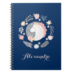 Navy Blush Whimsical Unicorn Wreath Spiral Notebook