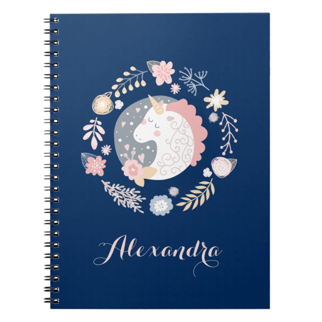 Navy Blush Whimsical Unicorn Wreath Spiral Notebook (Front)