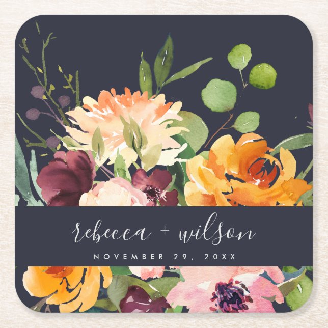 NAVY BLUSH YELLOW ORANGE FLORAL BUNCH WEDDING SQUARE PAPER COASTER (Front)