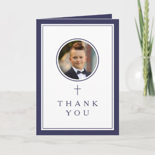 Navy Blye Photo Boy First Communion Thank You Card