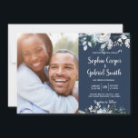 Navy Bohemian Floral Photo Wedding Invitations<br><div class="desc">Bohemian, chic, navy blue and white floral photo wedding invitation cards. This modern wedding design feature navy, light blue and white botanical rose floral arrangements, feathers on dark navy blue colour background. Feature a hand lettered typography design with bride and groom's name and one (1) vertical photo template. Great choise...</div>