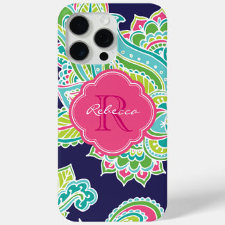 Navy Bohemian Paisley Custom Monogram iPhone 15 Pro Max Case