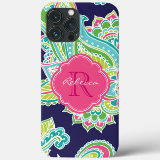 Navy Bohemian Paisley Custom Monogram iPhone 13 Pro Max Case