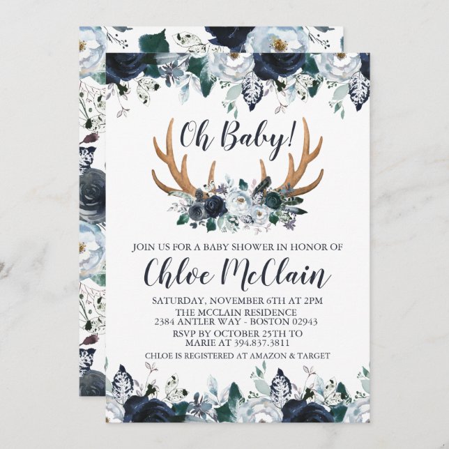 Navy Boho Baby Shower Invitation Baby Boy (Front/Back)