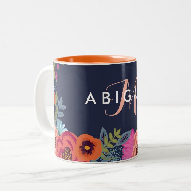 Navy Boho Flowers Name & Monogram Two-Tone Coffee Mug (Front Left)