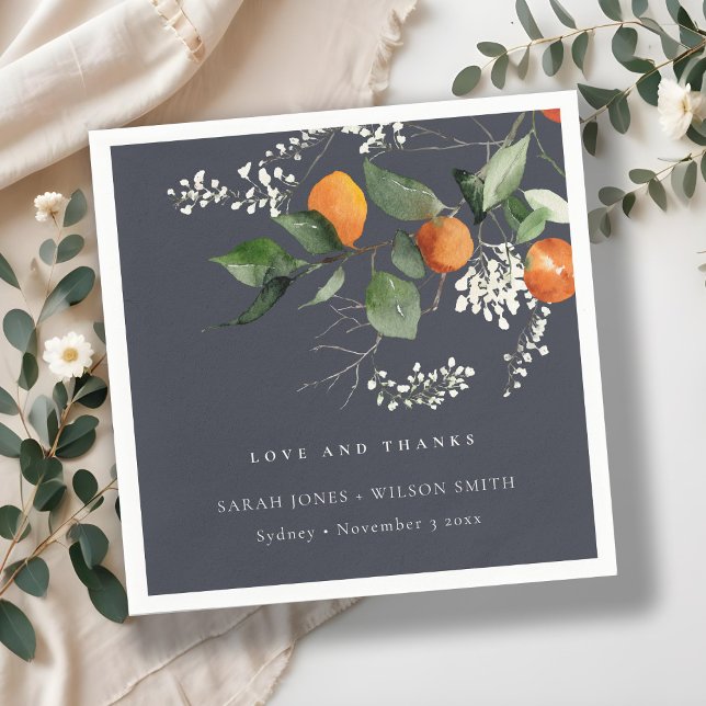 Navy Boho Orange Blossom Botanical Wedding Napkins (Creator Uploaded)