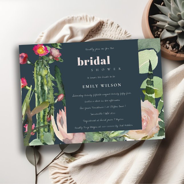 NAVY BOHO PINK FLORAL CACTI FOLIAGE BRIDAL SHOWER INVITATION (Creator Uploaded)