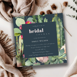 NAVY BOHO PINK FLORAL CACTI FOLIAGE BRIDAL SHOWER INVITATION