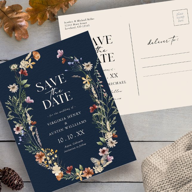 Navy Boho Save The Date Postcard (Navy Wildflower Floral Boho Save The Date Postcard with Butterfly by Painted Paperie
)