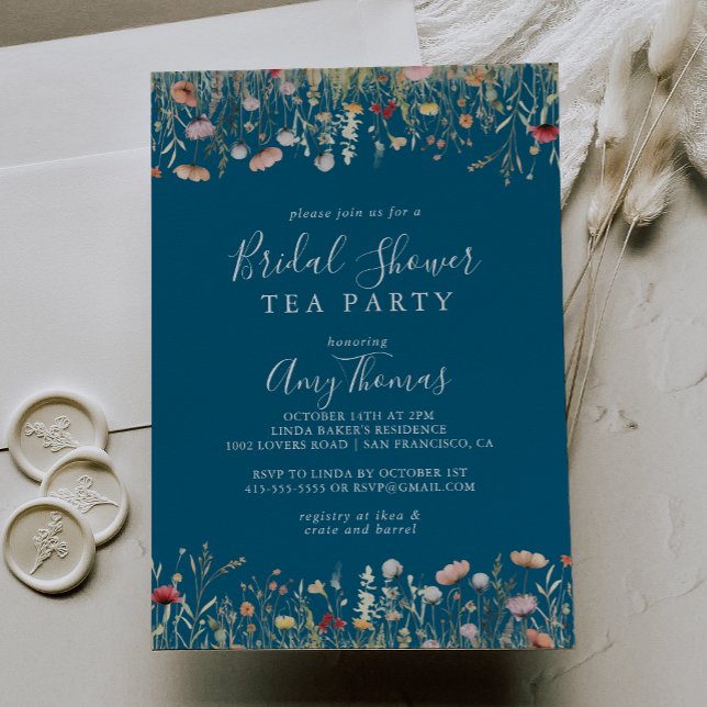 Navy Boho Wildflower Bridal Shower Tea Party Invitation (Creator Uploaded)