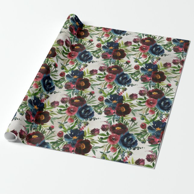 Navy Bordeaux Peonies Blooming Garden Wrapping Pap Paper (Unrolled)