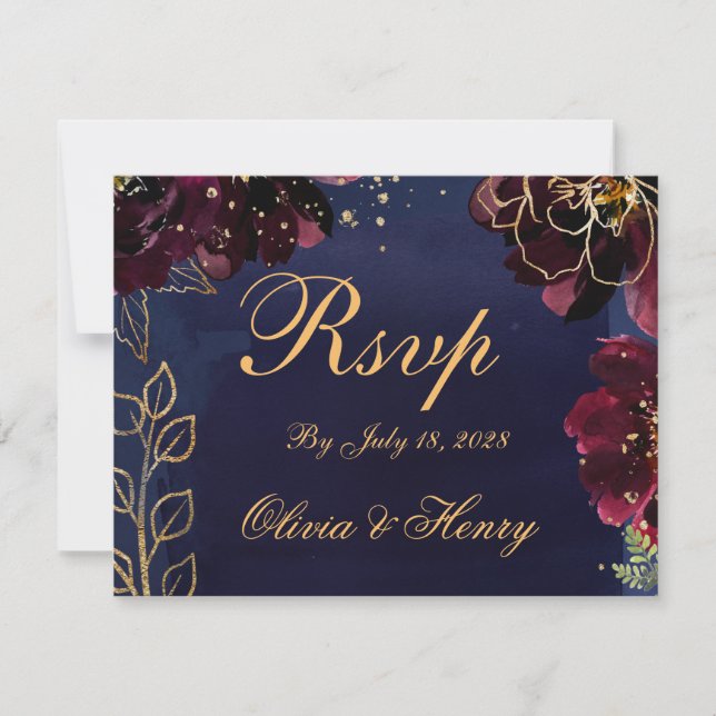 Navy Bordeaux Wedding RSVP Mail Back Card (Front)