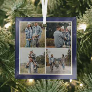 Navy Border 4 Photos Make Your Own Collage Glass Tree Decoration