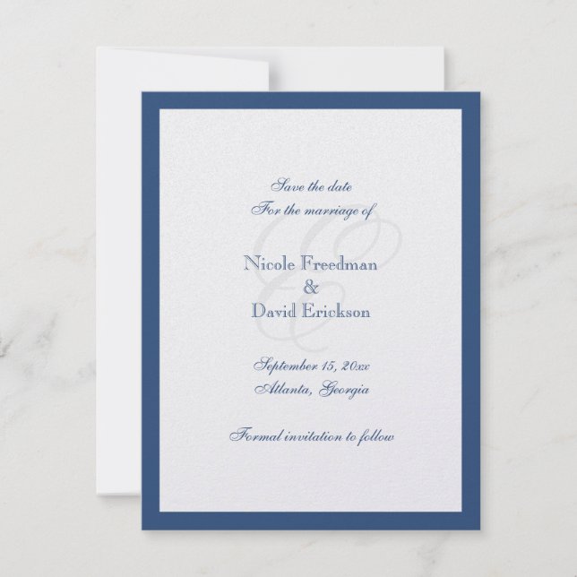 Navy border monogram wedding announcement card (Front)