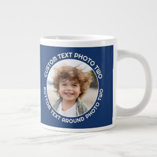 Navy Border with 2 Photos - Text around a Circle Large Coffee Mug
