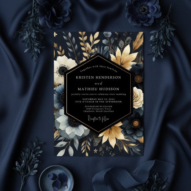 Navy Botanical Bloom Wedding Invitation (Creator Uploaded)