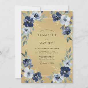 Navy Botanical Flourish Wedding Invitation