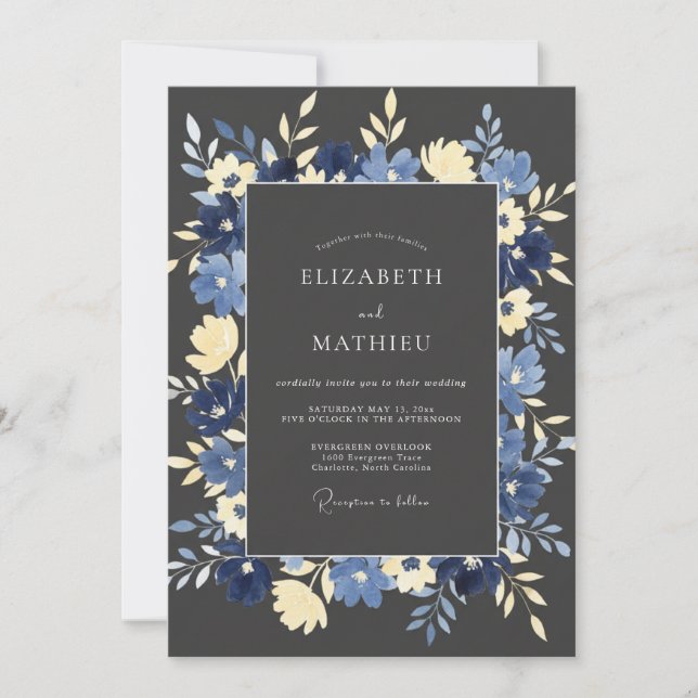 Navy Botanical Laurel Wedding Invitation (Front)