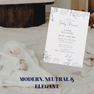 Navy Botanical Line Art Neutral Baby Shower Invitation
