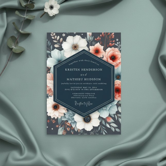 Navy Botanical Romance Wedding Invitation (Creator Uploaded)