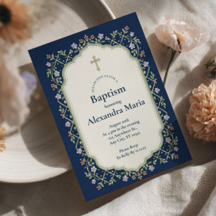 Navy Botanical Trellis Baptism Invitation