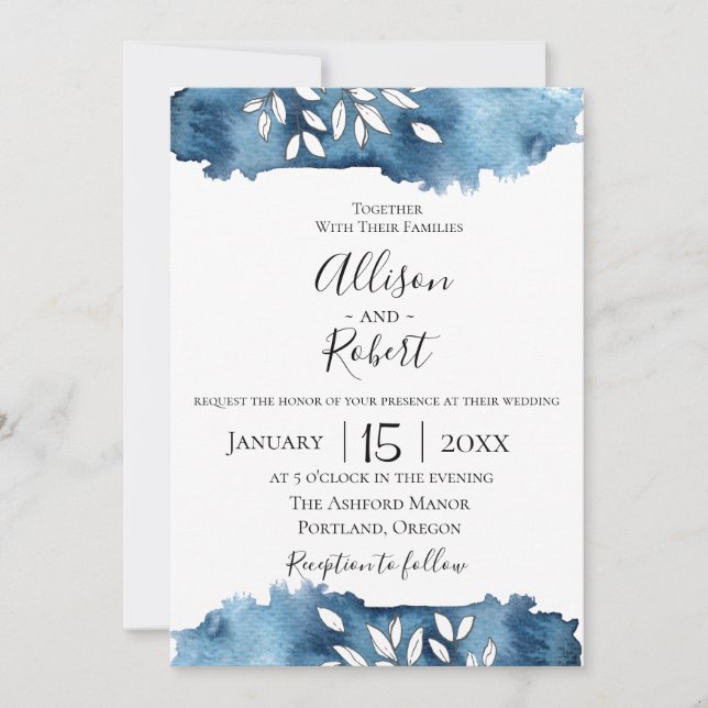 Navy Botanical Wedding Invitation (Front)