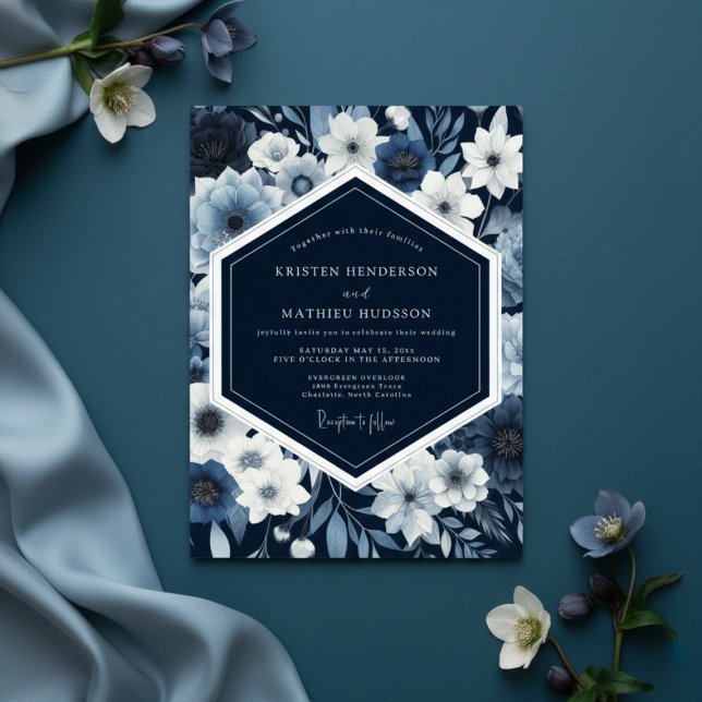 Navy Botanical Whimsy Wedding Invitation (Creator Uploaded)
