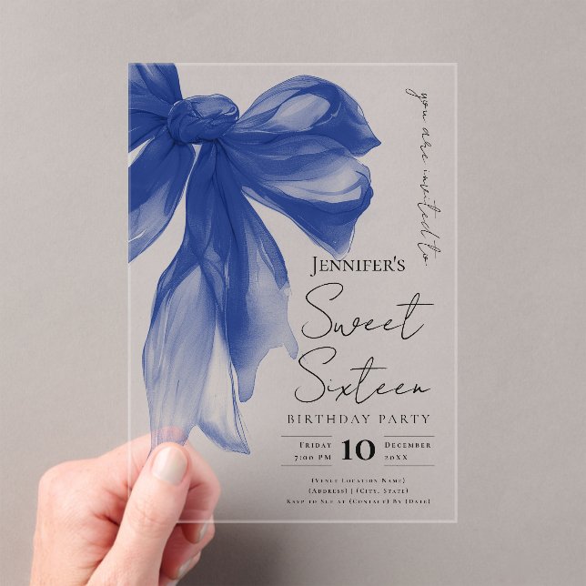 Navy Bow Coquette Script Sweet 16 Party Acrylic Invitations (Insitu (Handheld))