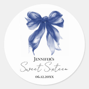 Navy Bow Coquette Script Sweet 16 Party Classic Round Sticker