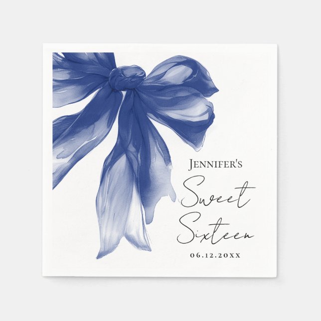 Navy Bow Coquette Script Sweet 16 Party  Napkin (Front)
