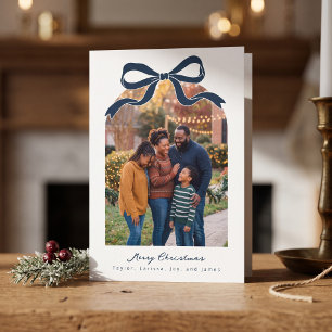 Navy Bow Frame Merry Christmas Family Photo Holiday Card
