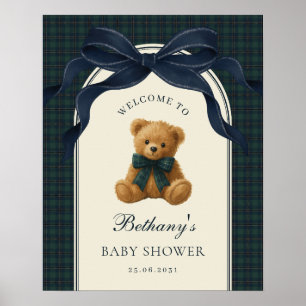 Navy Bow Vintage Teddy Bear Baby Shower Welcome Poster
