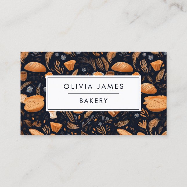 Navy Bread Pattern Bakery Pastry Chef and Caterer Business Card (Front)
