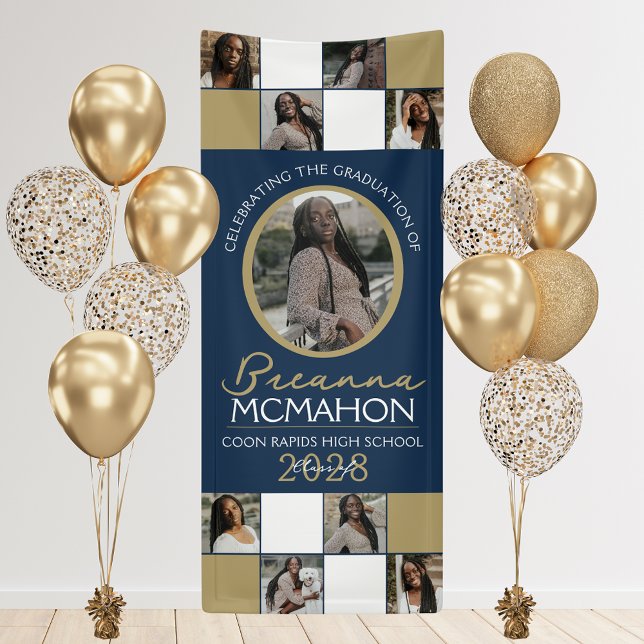 Navy & Bronze 9 Photo Collage Graduation Vinyl Banner (Navy Blue and Bronze Gold 9 Photo Graduation Vinyl Hanging Banner. Indoor or Outdoor Available )