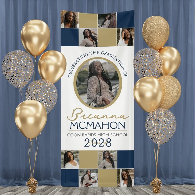 Navy & Bronze 9 Photo Collage Graduation Vinyl Banner (Navy Blue and Bronze Gold 9 Photo Graduation Vinyl Hanging Banner. Indoor or Outdoor Available)