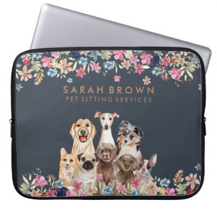Navy Brown Cute Dog Pet Flower Laptop Sleeve
