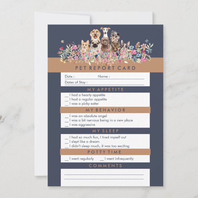 Navy Brown Pet Report Design Card (Front)