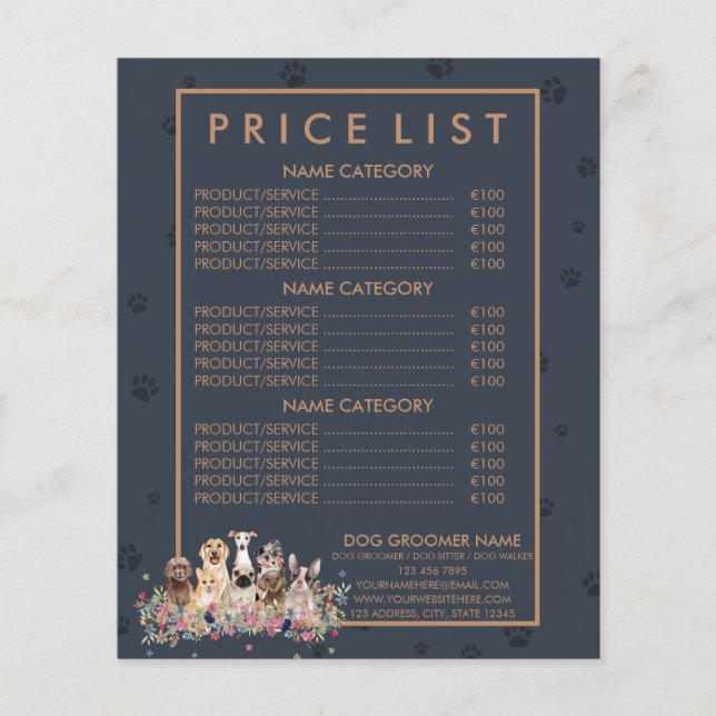 Navy Brown Pet Sitter dog veterinary Price List Flyer (Front)