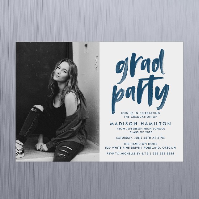 Navy | Brush Script Photo Graduation Party Magnetic Invitation (Creator Uploaded)