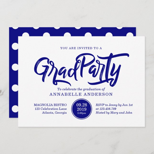 Navy brush typography polka dots graduation party invitation (Front/Back)