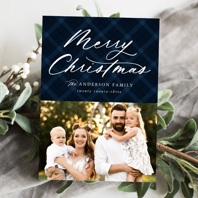 Navy Brushed Plaid Merry Christmas 3 Photo Holiday Card (Creator Uploaded)